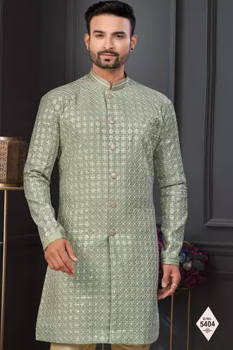 Green faux jacquard embroidered sherwani set