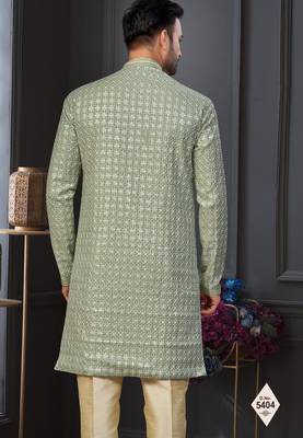 Green faux jacquard embroidered sherwani set 3