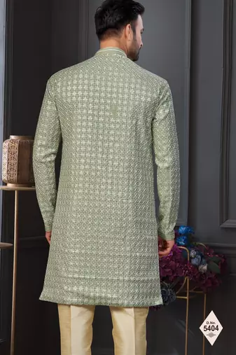Green faux jacquard embroidered sherwani set