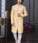 Yellow silk blend embroidered sherwani set