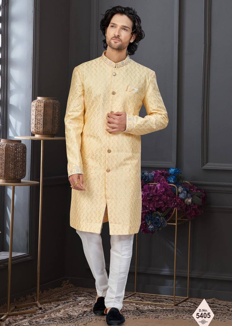 Yellow silk blend embroidered sherwani set