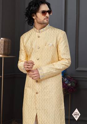 Yellow silk blend embroidered sherwani set 2