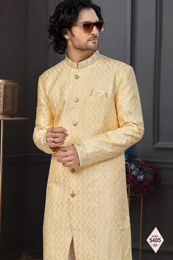Yellow silk blend embroidered sherwani set
