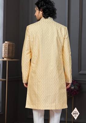 Yellow silk blend embroidered sherwani set 3
