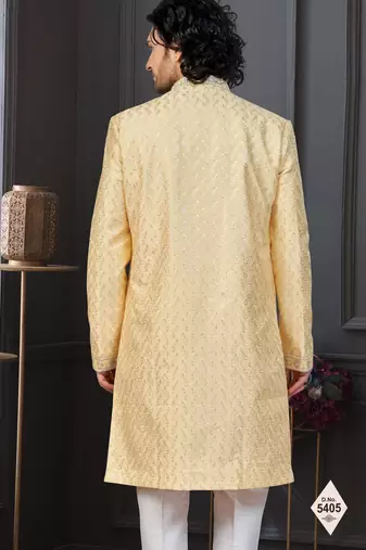 Yellow silk blend embroidered sherwani set
