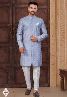 Blue silk blend embroidered sherwani set 1