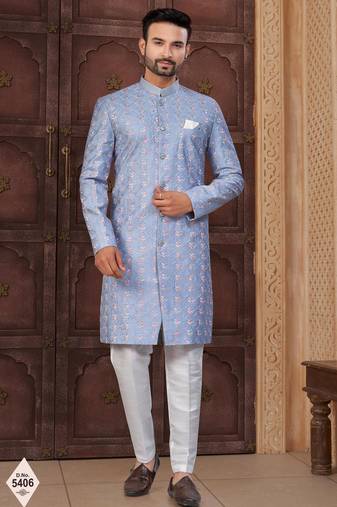 Blue silk blend embroidered sherwani set