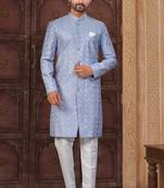 Blue silk blend embroidered sherwani set
