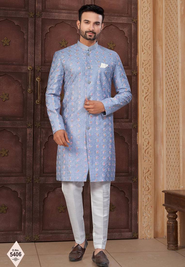 Blue silk blend embroidered sherwani set