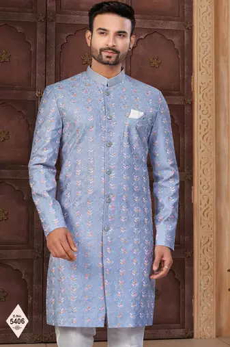 Blue silk blend embroidered sherwani set
