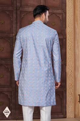 Blue silk blend embroidered sherwani set 3