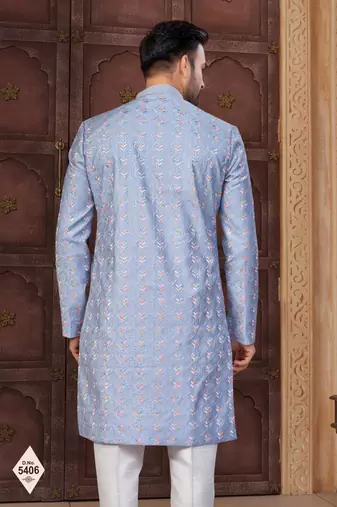 Blue silk blend embroidered sherwani set