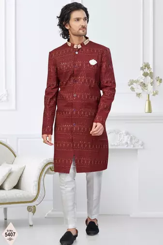 Maroon silk blend embroidered sherwani set