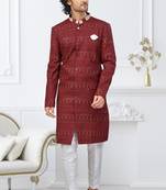 Maroon silk blend embroidered sherwani set