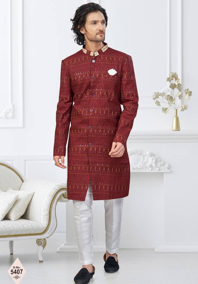 Maroon silk blend embroidered sherwani set