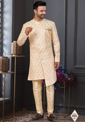 Cream faux jacquard embroidered sherwani set 1