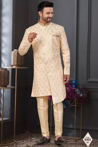 Cream faux jacquard embroidered sherwani set