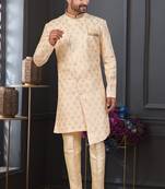 Cream faux jacquard embroidered sherwani set