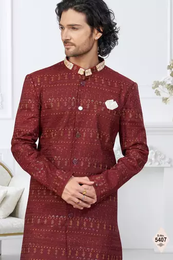 Maroon silk blend embroidered sherwani set