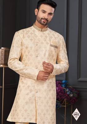 Cream faux jacquard embroidered sherwani set 2