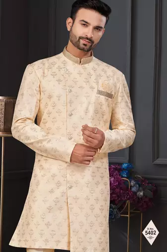 Cream faux jacquard embroidered sherwani set