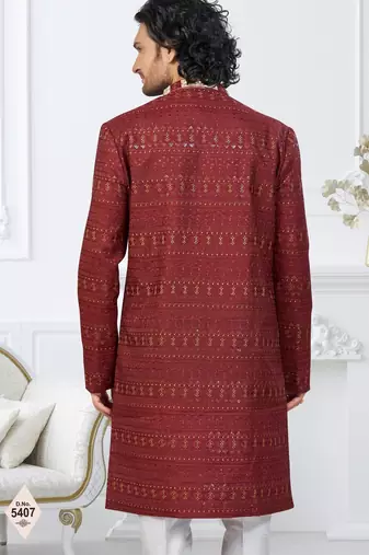 Maroon silk blend embroidered sherwani set