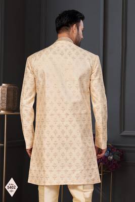 Cream faux jacquard embroidered sherwani set 3