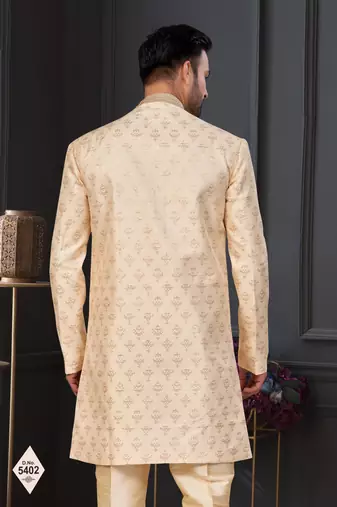 Cream faux jacquard embroidered sherwani set