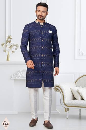 Blue silk blend embroidered sherwani set
