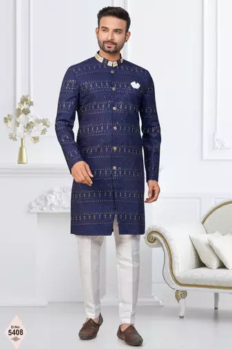 Blue silk blend embroidered sherwani set