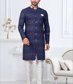 Blue silk blend embroidered sherwani set