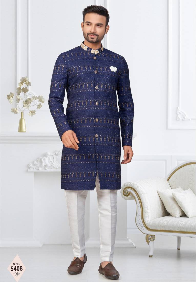 Blue silk blend embroidered sherwani set