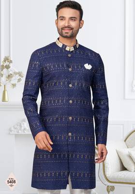 Blue silk blend embroidered sherwani set 2