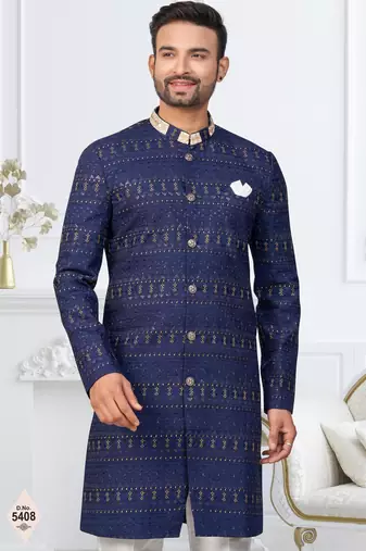 Blue silk blend embroidered sherwani set