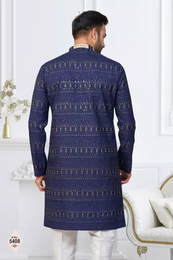 Blue silk blend embroidered sherwani set