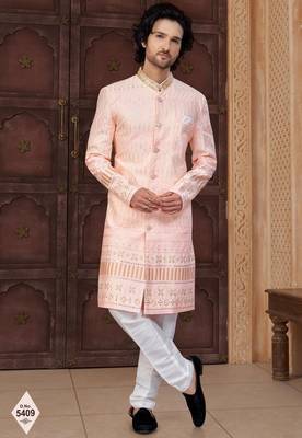 Pink silk blend embroidered sherwani set 1