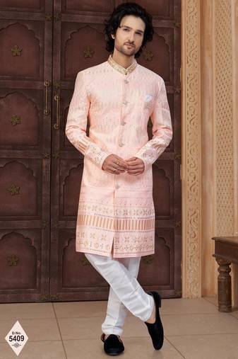 Pink silk blend embroidered sherwani set