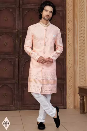 Pink silk blend embroidered sherwani set