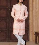 Pink silk blend embroidered sherwani set