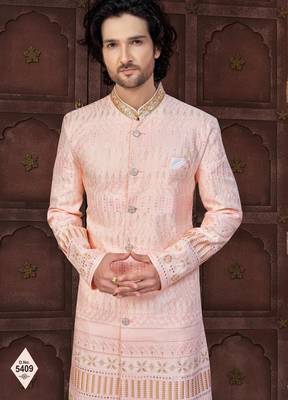 Pink silk blend embroidered sherwani set 2