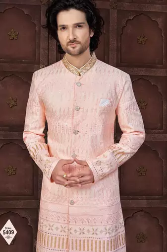 Pink silk blend embroidered sherwani set