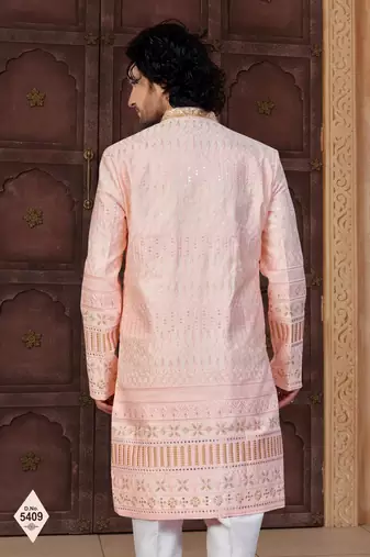 Pink silk blend embroidered sherwani set