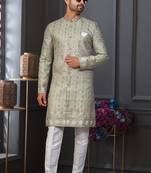 Green silk blend embroidered sherwani set