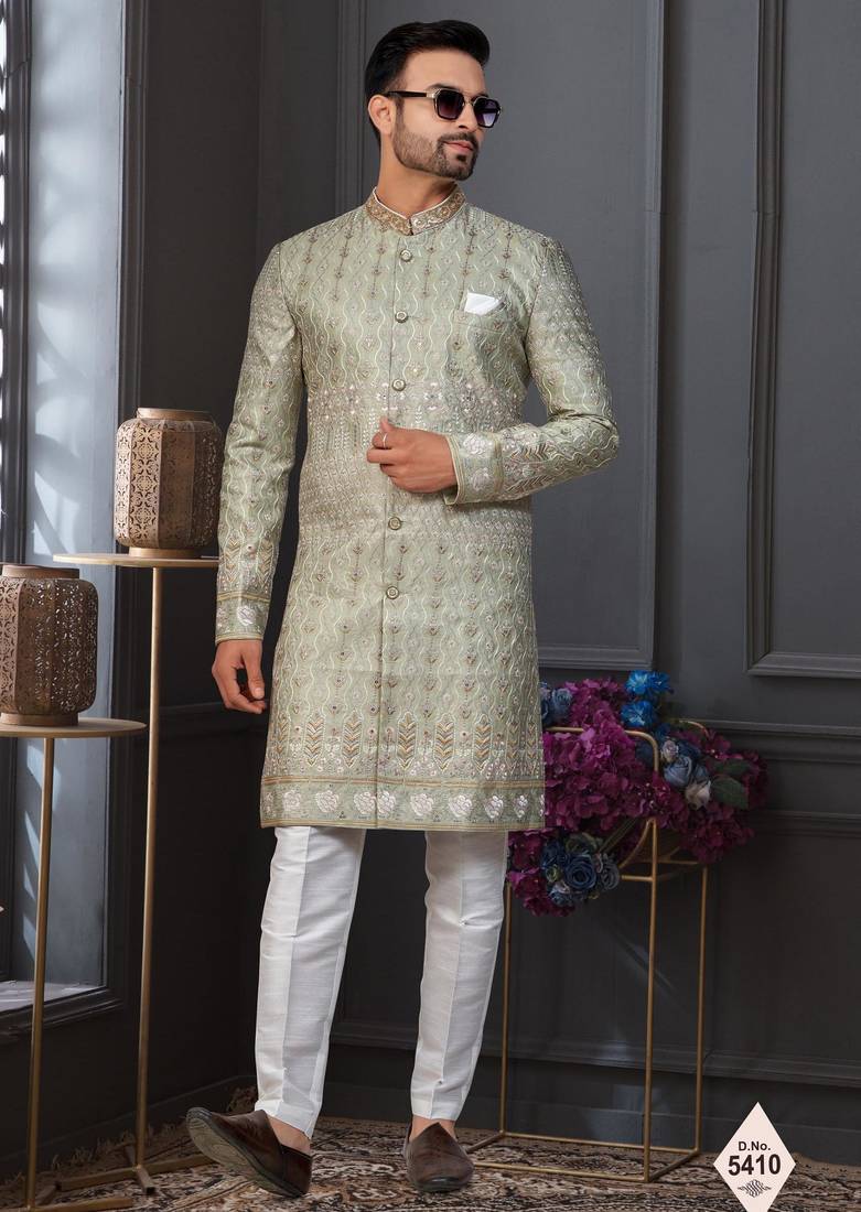 Green silk blend embroidered sherwani set
