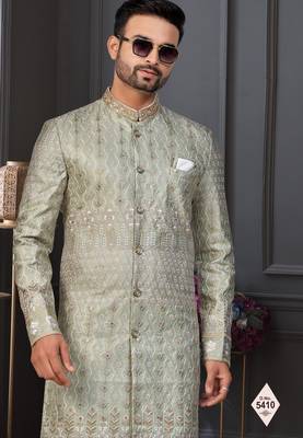 Green silk blend embroidered sherwani set 2