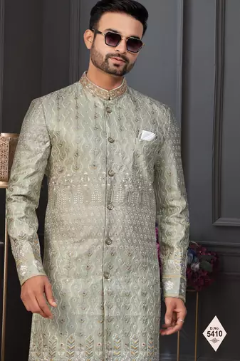Green silk blend embroidered sherwani set