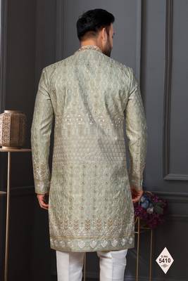 Green silk blend embroidered sherwani set 3