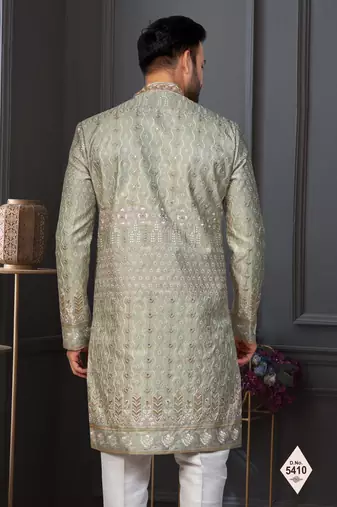 Green silk blend embroidered sherwani set