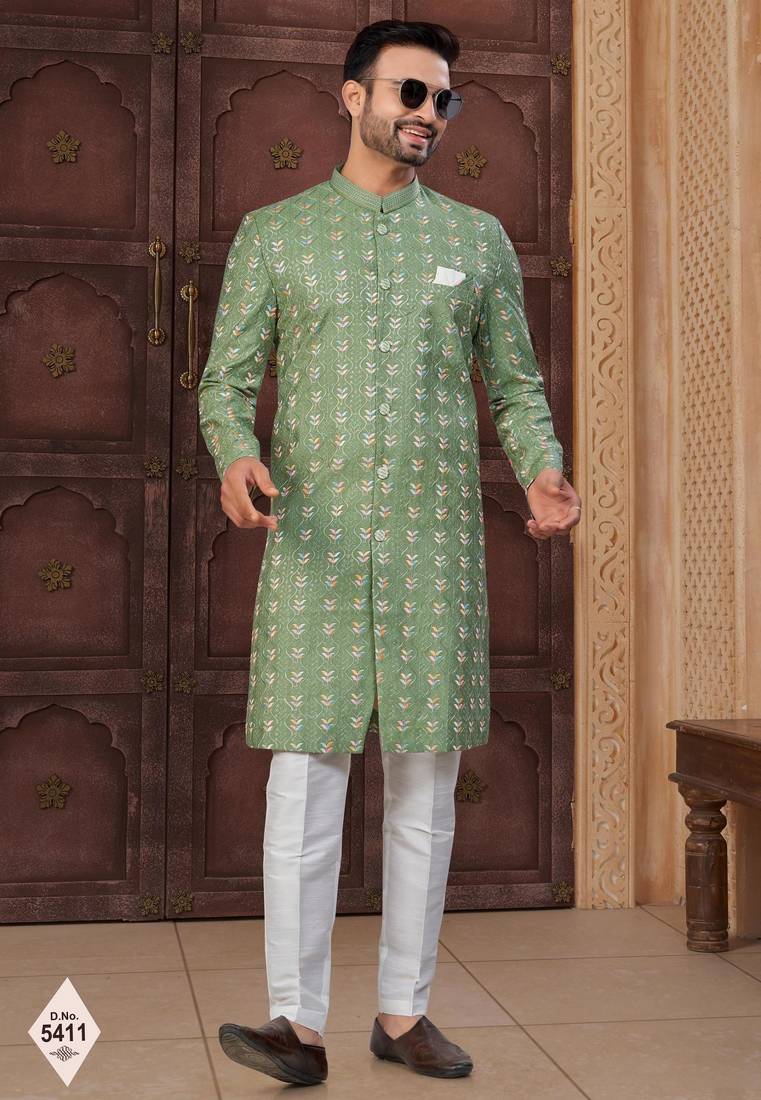 Green silk blend embroidered sherwani set