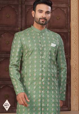 Green silk blend embroidered sherwani set 2